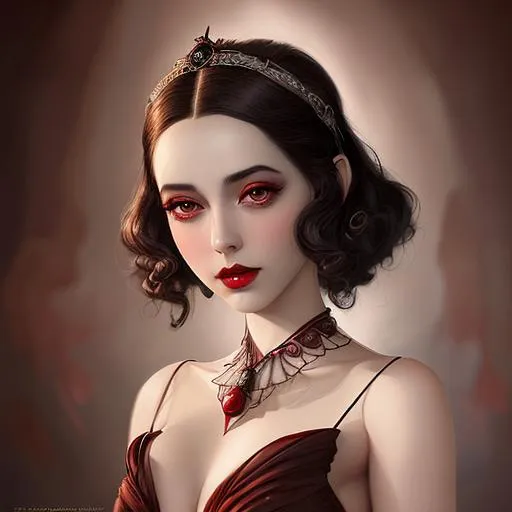 Prompt: Ethereal fantasy image detailed painting by Tim burton and artgerm portrait of a beautiful 1920's high class young aristocrat female with dark brown eyes perfect cherry red lips wearing a very beautiful formal gown,  artgerm, award-winning cgi, blender 