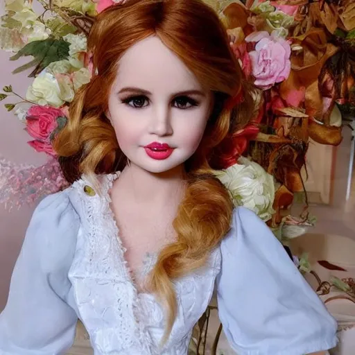 Prompt: Debby Ryan turned into a porcelain doll apart of a porcelain doll collection.