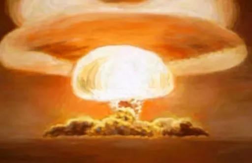 Prompt: mushroom cloud, Art Deco painting, realistic 