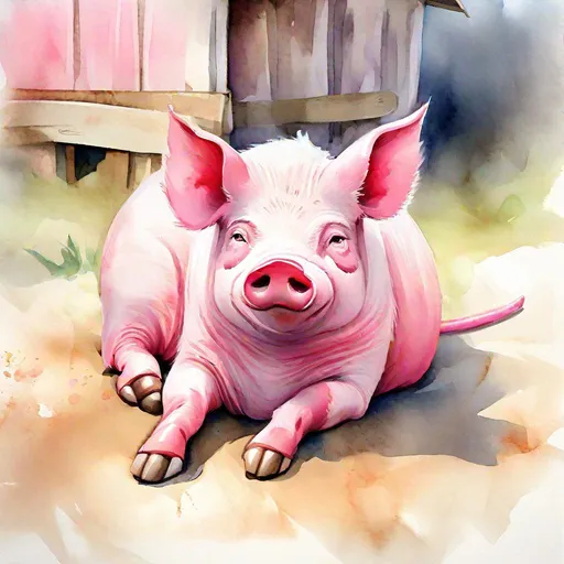 Prompt: Bipedal creature resembling a cat, pink fur, pink pig nose, red ribbon, lazy, lazy expression, laying down in front of a barn, masterpiece, best quality, watercolor painting style