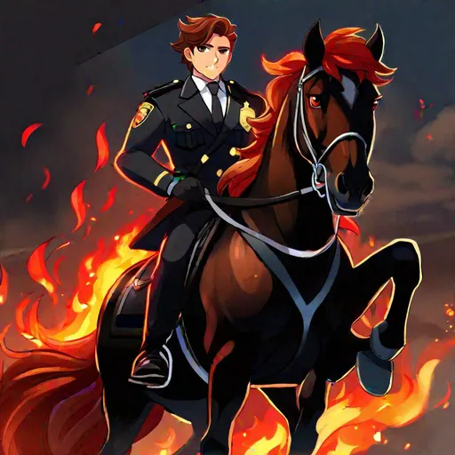 Prompt: Caleb  as a police officer (brown hair) (brown eyes) wearing a tuxedo, full body, riding a (demon horse, glowing red eyes, black coat, firey mane and tail)