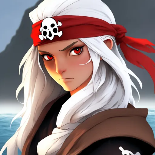 Prompt: Avatar: The Last Airbender oc. White haired Pirate. Water tribe girl, bright red eyes, pirate captain. Bandanna