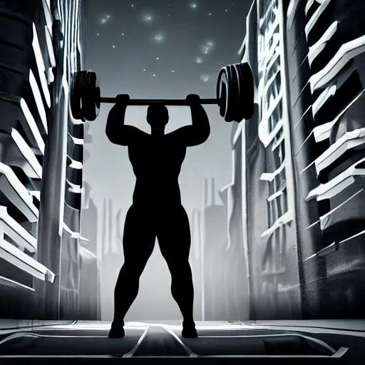 Prompt: a man lifting weights in a dark and futuristic city
