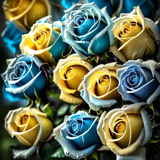 Prompt: Blue Roses , big yellow drops 