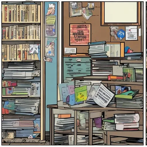 Prompt: A bunch of comics and graphic novels on a table in a classroom, but you cannot see the pictures clearly