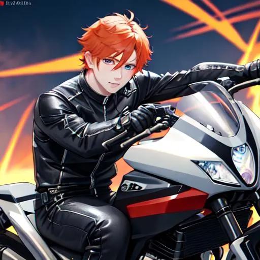 Prompt: Erikku male (short ginger hair, freckles, right eye blue left eye purple) muscular, riding a motorcycle. UHD, 8K, Highly detailed, wearing biker gear