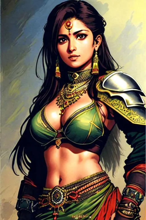 Prompt: Shining Force Concept art (((Yoji Shinkawa))), sticker of ultra detailed portrait of Sadaf Mohammed Sayed  (Indian actress who mainly appears in Telugu, Tamil, and Kannada films)in traditional indian apparel, shoulder armor, high quality cell shaded illustration in post apocalyptic style by Yoji Shinkawa, ((full body portrait)), dynamic pose, perfect anatomy, centered, freedom, soul, blue long hair, approach to perfection, cell shading, 4k , cinematic dramatic atmosphere, watercolor painting, global illumination, detailed and intricate environment, artstation, concept art, fluid and sharp focus, volumetric lighting, cinematic lighting, Art by Yoji Shinkawa,