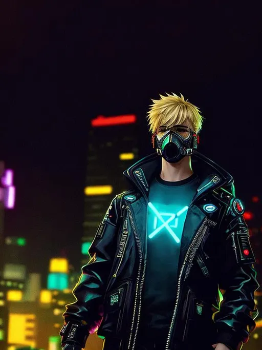 Prompt: oil painting, Post Modern Cyberpunk Background with Neon Lights Scattered in Bokeh, UHD, hd , 8k, hyper realism, Very detailed, Cyberpunk Cybernetics enhanced zoomed out view of character, full character visible, blonde Male character, he has cyberpunk respirators covering bottom half of the face, Charming and Appealing characters. Cyberpunk themed attires.  stylized lens Flares
Black Overall Cuberpunk suit