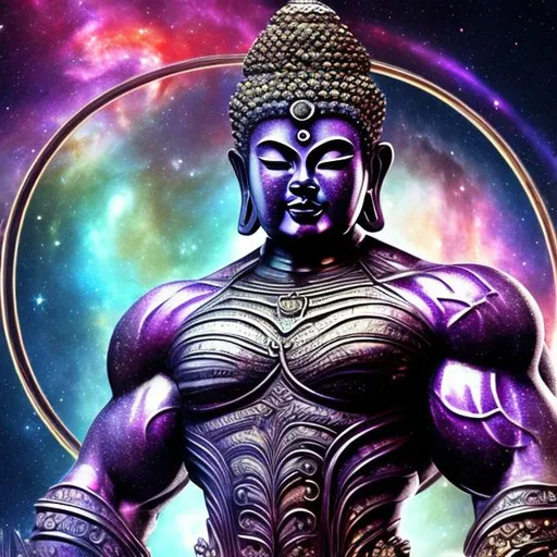 Prompt: alexandrite armored bodybuilding buddha, widescreen, infinity vanishing point, spiral galaxy background