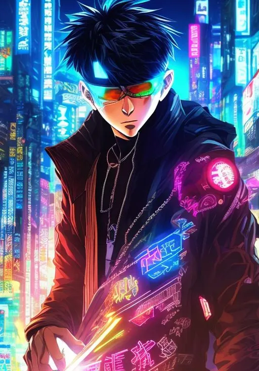Prompt: Anime, Cyberpunk styled like Edgerunners, obviously rich man, Asian, 1/10 cybernetic, zoom in, colorful, confident, detailed,  64k resolution, deviantart masterpiece. UHD, Perfect 3D Render.