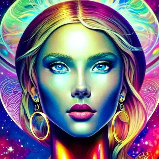 Prompt: ultra realistic photo portrait of Scarlett Leithold cosmic energy, colorful, painting burst, beautiful symmetrical face, nonchalant kind look, realistic round eyes, tone mapped, intricate, elegant, highly detailed, digital painting, artstation, concept art, smooth, sharp focus, illustration, dreamy magical atmosphere, art by artgerm and greg rutkowski and alphonse mucha, 4k, 8k