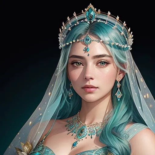 Prompt: Portrait of a beautiful and elegant jeweled face and crown Water Goddess with teal hair and with cute face,  transparent background, perfect composition, hyperrealistic, super detailed, 8k, high quality, trending art, trending on artstation, sharp focus, studio photo, intricate details, highly detailed, by greg rutkowski and BD Zhandt