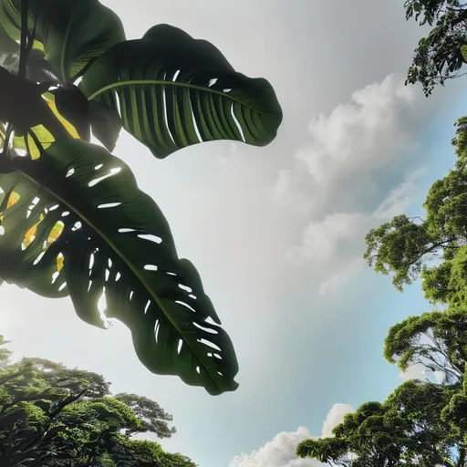 Prompt: Banana standing in splashing tropical sea foam, yellow color, surrounded by leafy trees, light pastel blue sky and clouds in the background, softly - lit, soft - warm, zen, light, modern minimalist f 2 0 clean, highly detailed realistic photo, 8k