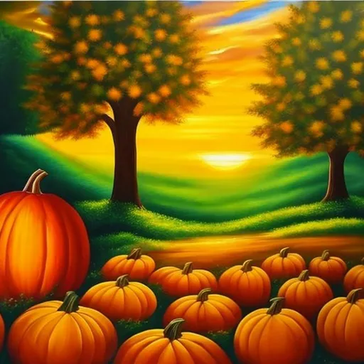 Prompt: oil painting. a golden sunrise over a green field. sleep, tree, mirror, painting, book. A spooky pumpkin in a pumpkin patch.