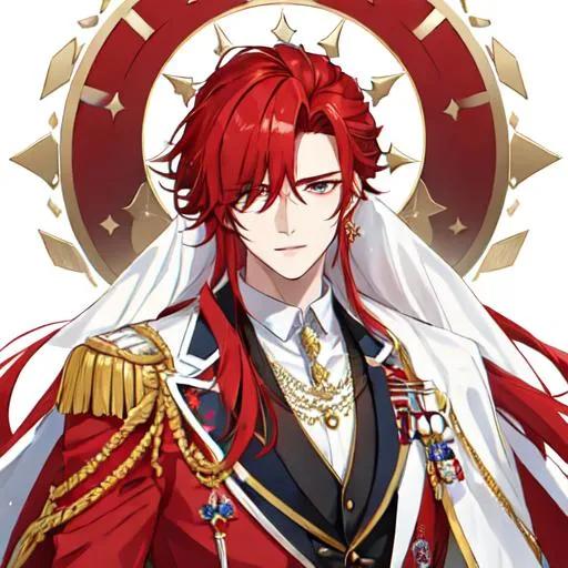 Prompt: Zerif 1male (Red side-swept hair covering his right eye) wearing a royal suit, white shawl, wedding