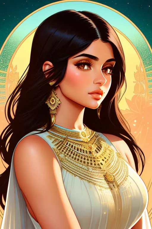 Prompt: Upper body portrait of Cute girl kylie jenner, 25 years old, brown long hair, tan skin, sundress, intricate, detailed face. by Ilya Kuvshinov and Alphonse Mucha. Dreamy, sparkles