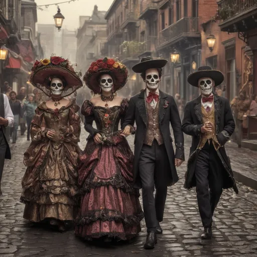 Prompt: Victorian family celebrating Day of the Dead, crowded streets, photorealism, elaborate Victorian clothing, festive atmosphere, detailed faces, traditional Mexican decor, vibrant colors, ornate cobblestone streets, atmospheric lighting, high quality, realistic, crowded setting, Day of the Dead celebration, traditional cultural festival, detailed architecture, bustling streets, authentic portrayal, photorealistic rendering, elaborate makeup, ornate costumes