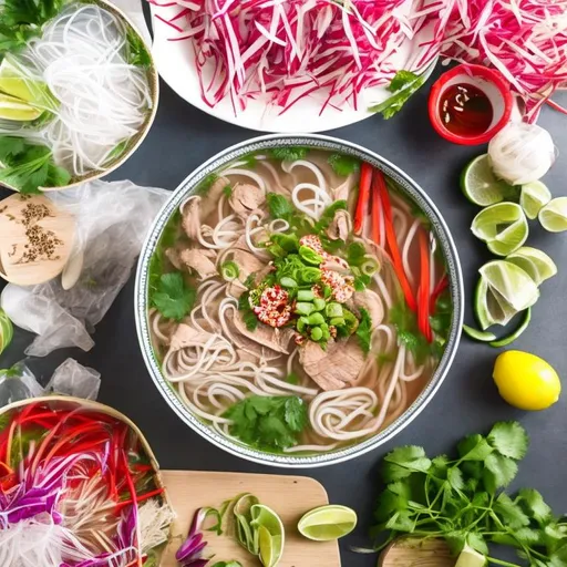 Prompt: Vietnamese pho and garnishes