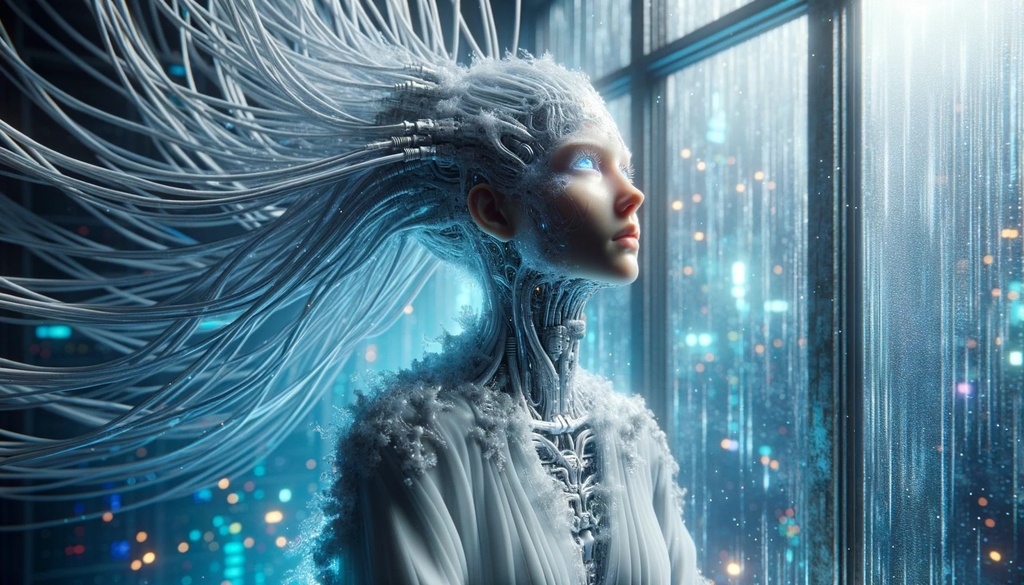 Prompt: a woman that is standing in front of a window, inspired by surrealistic art, digital art, covered with wires, 3D render evenly lit, character is covered in liquid, high-quality 3D rendering, hair made of shimmering ghosts, cybernetic body parts, extremely detailed goddess shot, female cyborg in data center, portrait shot, emerging from blue fire