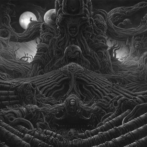 Prompt: Dark space starship armada void filled with dread, Junji Ito style, detailed cosmic horror, high detail, black and white, eerie lighting, surreal void, haunting atmosphere, intense shadows, unsettling shapes and forms, best quality, highres, ultra-detailed, cosmic horror, Junji Ito style, dark tones, surreal, eerie lighting