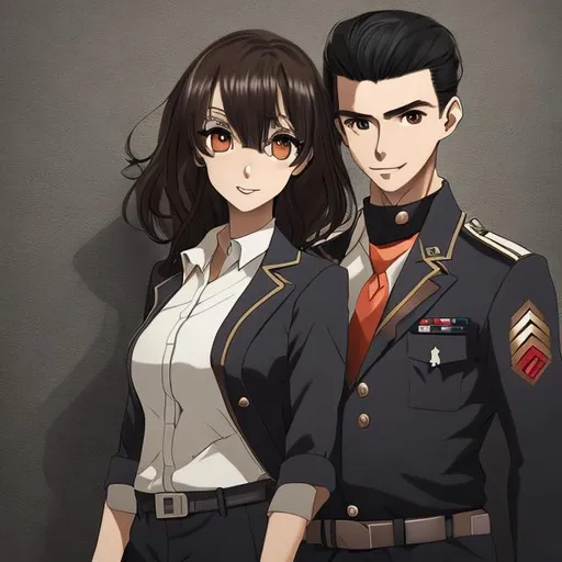 Prompt: Realistic anime, tall dark haired man wearing a uniform, leaning against a wall. Short brunette woman. Dark background