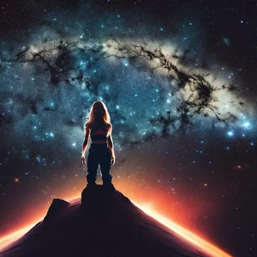 Prompt: a woman stand in the middle of nowhere in space surrounded by dark space with beams of light and stars