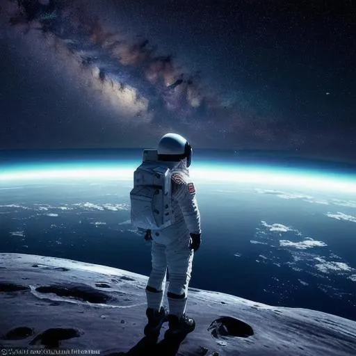 Prompt: A lone astronaut gazes out at the vastness of space from his shuttle, The Earth vividly displayed in the background. He contemplates the beauty of the silent planet, a blue oasis amidst a sea of darkness. The stars twinkle and the ship hums softly, a peaceful moment of serenity in the vast emptiness. ((High resolution, realistic, sci-fi, stunning colors))