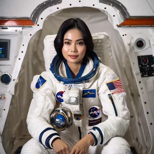 Prompt: RAW photo, 3/4 body shot, pretty young Indonesian woman, 25 year old, (round face, high cheekbones, almond-shaped brown eyes, epicanthic fold, short black hair, small delicate nose, slightly flattened nose bridge, wide nasal base, full luscious lips),  astronaut suit with Indonesian flag, dynamic pose, backdrop space station, hd, masterpiece, intricate detail, hyper-realistic, photorealism, award–winning photographshot on a Fujifilm XT3