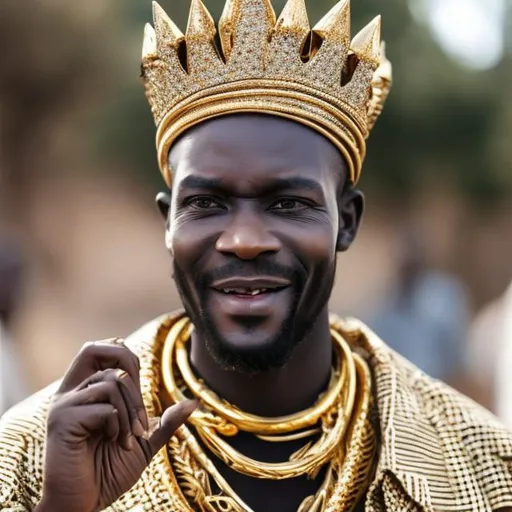 Prompt: An African man wearing clothes like a king with a diamond ring and a gold crown adressing the people