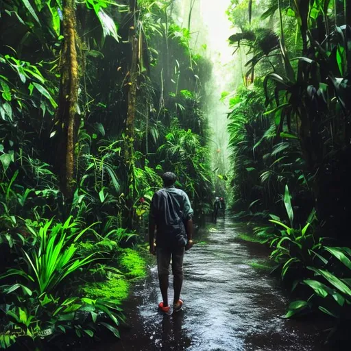 Prompt: City man getting lost in the rain forest