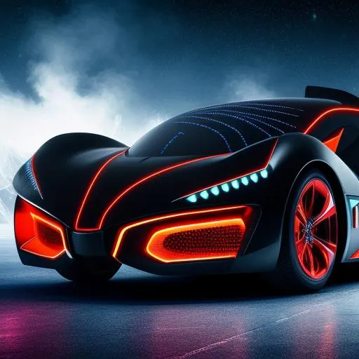 Prompt: Futuristic mega Batman car on fire and ice cosmic speed red and dark