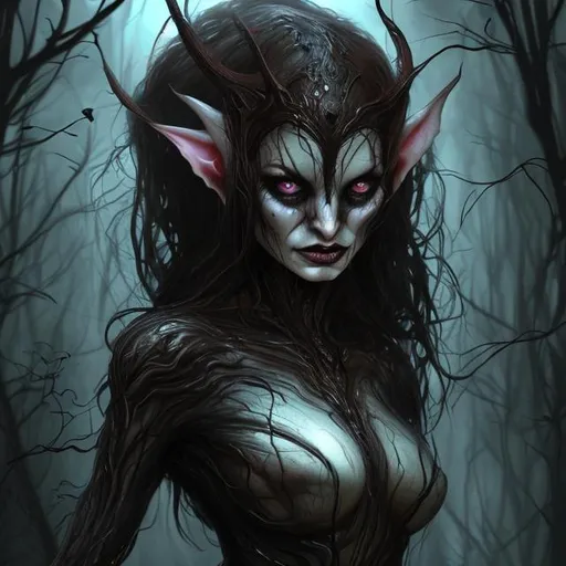 Prompt: A creepy image of a woman that has the features of a wasp, a symbiote and an elf. Horror, fantasy, digital painting, creature design, dark colors, low lighting, gorey details, disturbing.