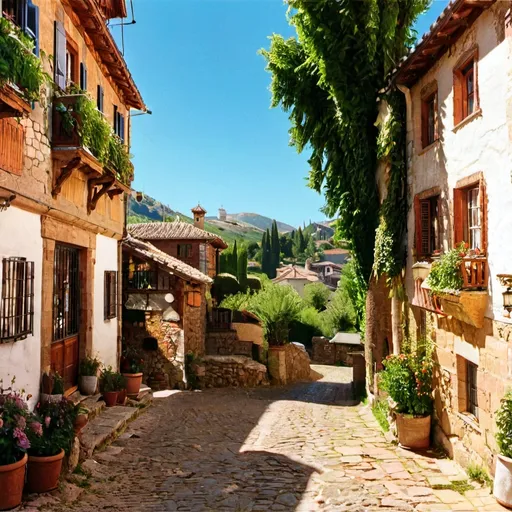 Prompt: Beautiful Vista in a Spanish Mountain Village, (picturesque scenery), vibrant colors, charming architecture with terracotta roofs, lush green hillsides, clear blue sky, warm sunlight casting soft shadows, (serene atmosphere), traditional village texture, cobblestone streets winding through homes, distant majestic mountains, (ultra-detailed), (4K) imagery, inviting and idyllic setting, (landscape inspired by impressionism).