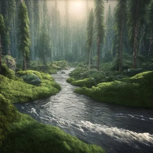 Prompt: Realistic forest with river flowing from side of it