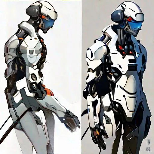 Prompt: painting of anime male wearing cybernetic exoskeleton character design, concept design
sheet, white background, style of Yoji Shinkawa