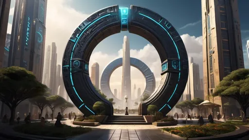 Prompt: magical portal between cities realms worlds kingdoms, circular portal, ring standing on edge, upright ring, freestanding ring, hieroglyphs on ring, complete ring, ancient babylonian architecture, gardens, hotels, office buildings, shopping malls, large wide-open city plaza, side view, futuristic cyberpunk tech-noir setting