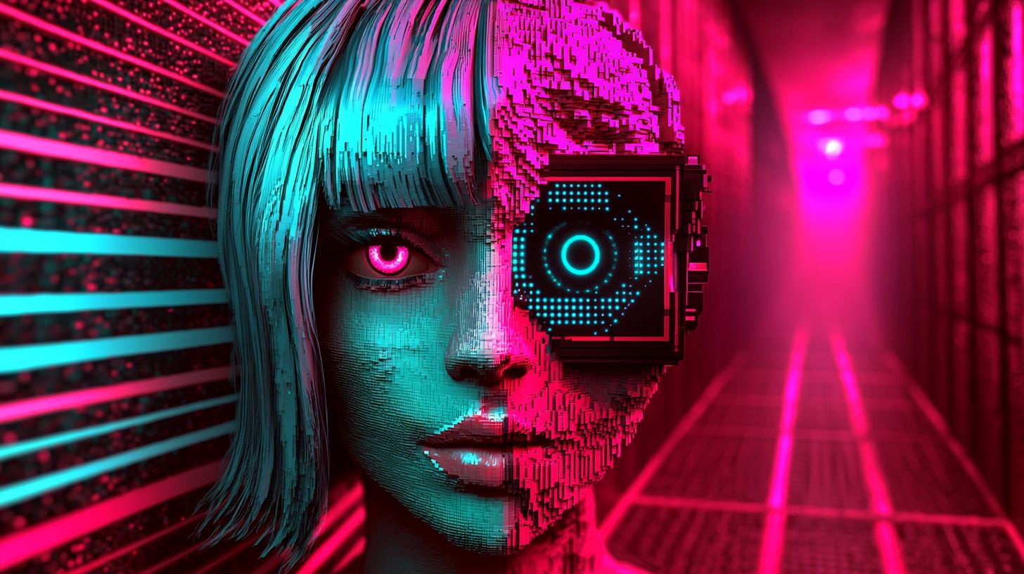 Prompt: A stylized voxel art head with a vibrant pink wig and striking blue hair, blending retrowave and security camera aesthetics. The image should feature hyper-detailed, chromepunk elements with sharp lines and reflective metallic accents, capturing a bold fusion of Indian pop culture influences. The rendering should showcase intricate textures and lighting, as if created in Cinema4D, with a retro-futuristic feel and high definition. The composition should be immersive and detailed, highlighting both the vivid colors and 3D voxel structure, creating a unique cyberpunk-meets-pop-culture look --sref https://s.mj.run/Zpf9aPdidF0