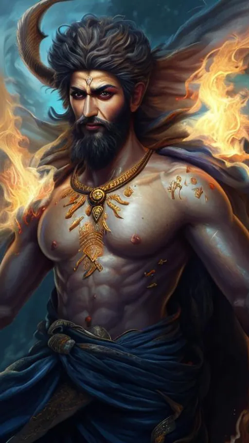 Prompt: High-resolution hyperrealistic painting of {iranian fire god) [atar] , upper body, uhd, hdr, 64k