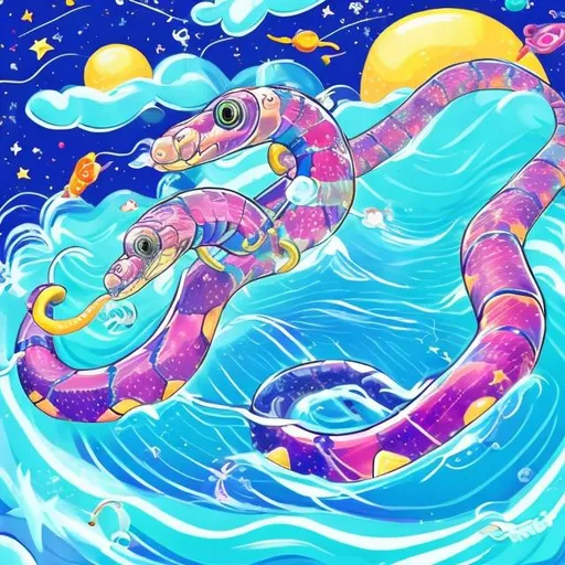 Prompt: Cute sea snake going down a Water slide in outer space in the style of Lisa frank