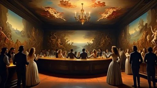 Prompt: surreal bar in hell by DaVinci, hedonistic dancing people, animals Salvador Dali, wide shot, baroque painting, dreamlike atmosphere, beautiful detailed intricate insanely detail, soft natural volumetric cinematic perfect light, masterpiece