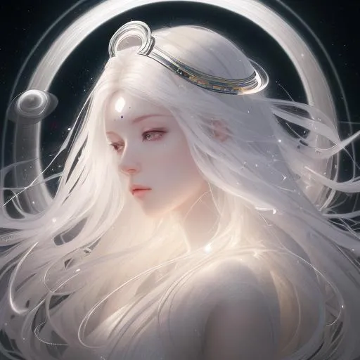Prompt: beautiful ethereal woman, she has Saturn rings around  her head , she has long hair made of glowing white clouds, dramatic lighting coming from the planets, aesthetic, inspiring, creative, hyperdetailed, rim lighting, art by WLOP, digital art, smooth, aesthetic, glow, shimmer, artgerm