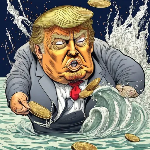 Prompt: Swirling the drain, Obese, Trump swimming in gold coins and green dollar notes, too long red tie, navy blue suit, Bathroom Bathtub scene,  Sergio Aragonés MAD Magazine cartoon style 