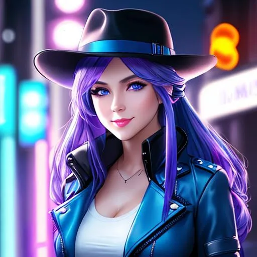 Prompt: 4K, 16K, picture quality, high quality, highly detailed, hyper-realism, mysterious female undercover agent, same color blue anime eyes, smirking smile, fedora, dark blue long trench coat, blue, purple, grey, cyberpunk style, neon lights, dark purple ponytail hair with blue highlights, party, lights,  dark alley background