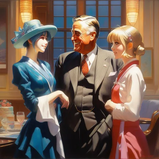 Prompt: Franklin Roosevelt meets anime girls, anime style, extremely detailed painting by Greg Rutkowski and by Henry Justice Ford and by Steve Henderson 
