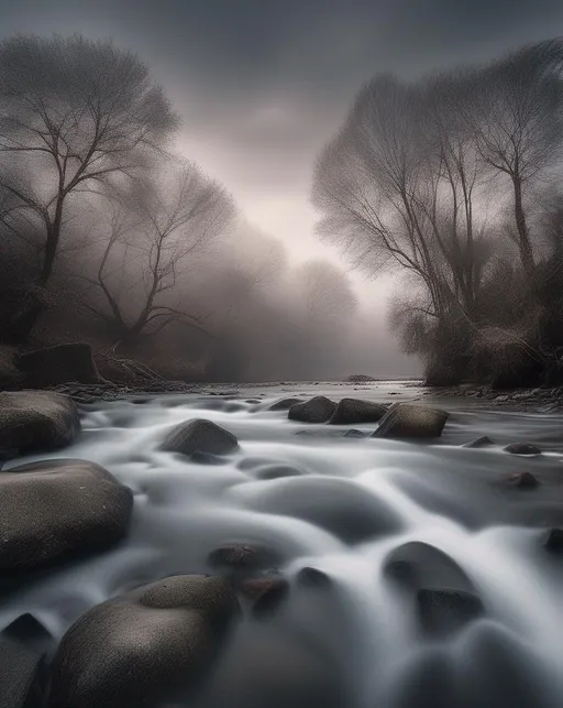 Prompt: Equipped with a neutral density filter, the photographer captures a serene scene of a river, its waters appearing smooth as silk, while the sky carries an ethereal charm during a long exposure.