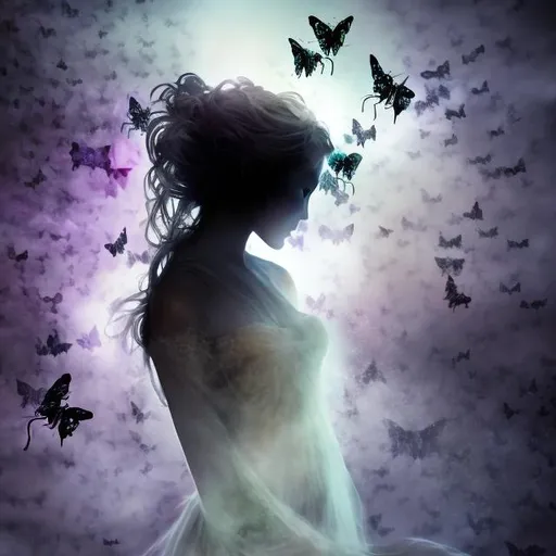 Prompt: silhouette of a fantasy maiden, modestly dressed, fading and transforming into a swarm of butterflies 