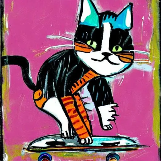 Prompt: cat on skateboard in the style of basquait