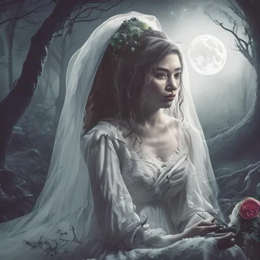 Prompt: picture of a sad bride, wearing a wedding dress, carrying wilted flowers, sitting in a dark forest by herself in moonlight. 