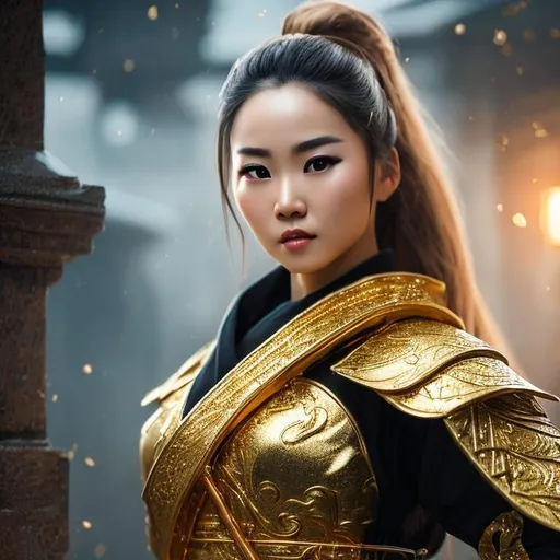 Prompt: create best quality photograph of beautiful female ninja who is wearing all golden ninja style robes,  matching background for the character, detailed face, extremely detailed environment, extremely detailed background, extremely detailed skin, extremely detailed clothing, natural colors , professionally color graded, photorealism, 8k, realistic, moody lighting, galactic environment, volumetric lighting