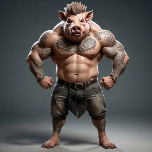 Prompt: An anthropomorphic boar with a mans body, mohawk hair, tattooed, full-body depiction, dynamic standing pose, flexing arm muscles, realistic textures, realistic skin, realistic hair 